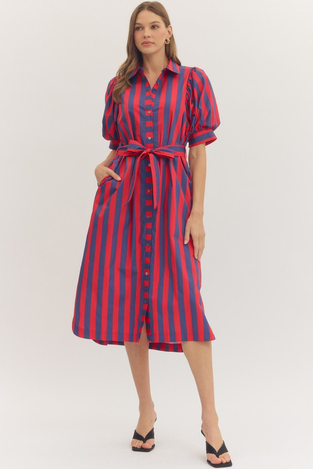 Entro - Dress - Midi  Button-down Striped - Red Navy - Findlay Rowe Designs