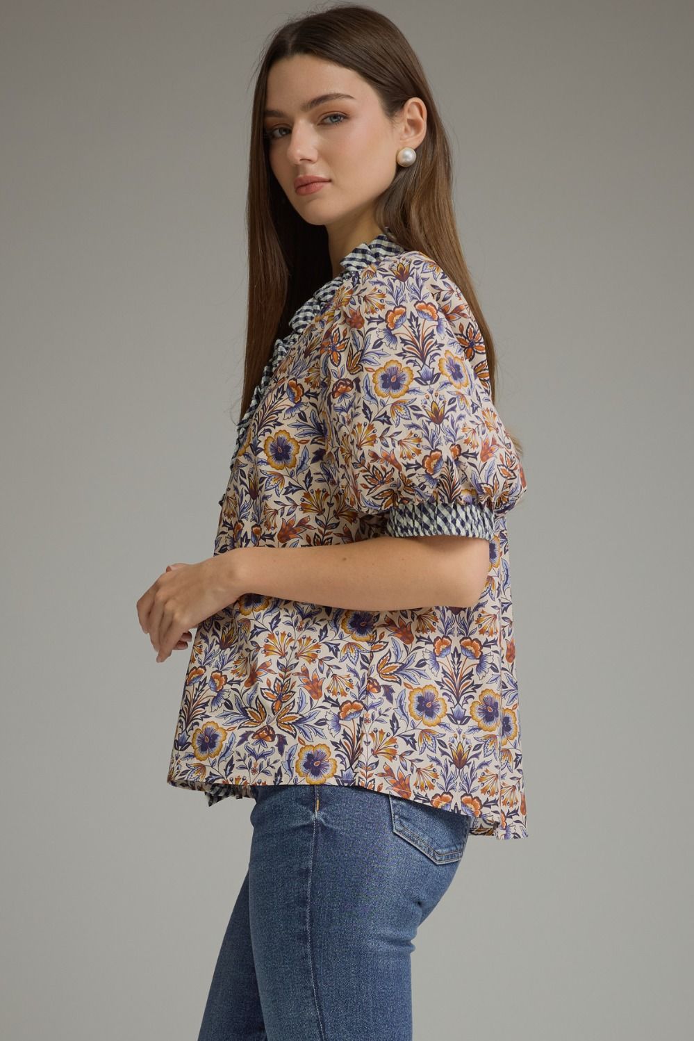 Entro - Top - Puff Sleeve Ruffle Gingham Trim - Floral Ecru - Findlay Rowe Designs