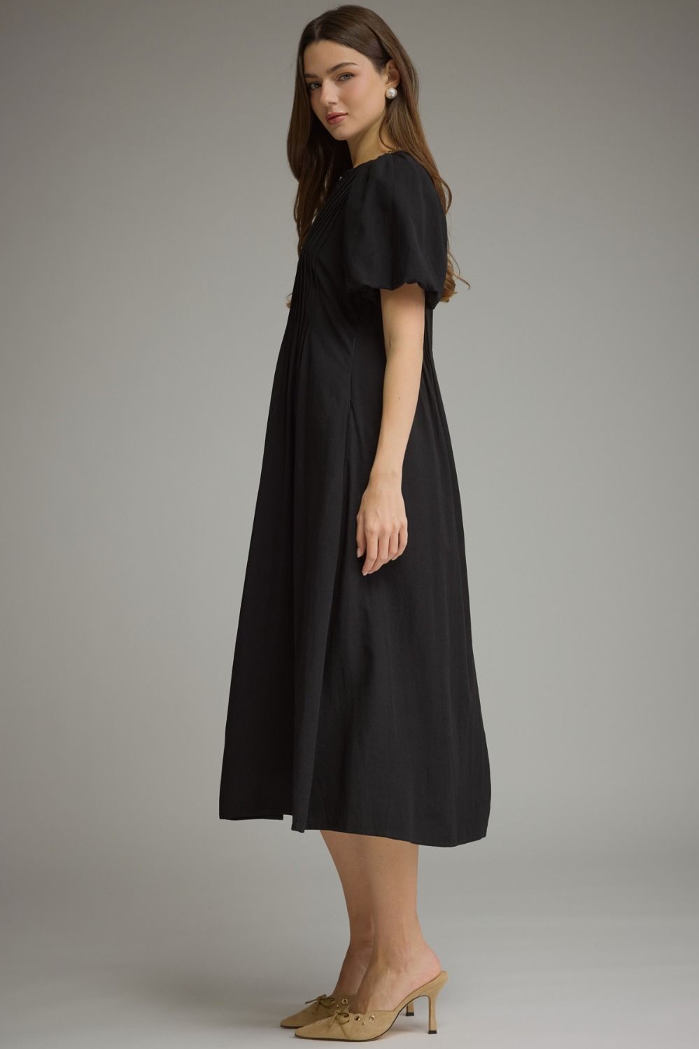 Entro - Dress - Midi V-Neck Pleated Bodice - Black - Findlay Rowe Designs