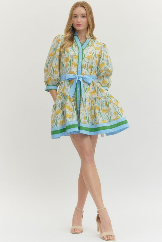 Entro - Dress - Mini Floral Contrast Band - Findlay Rowe Designs