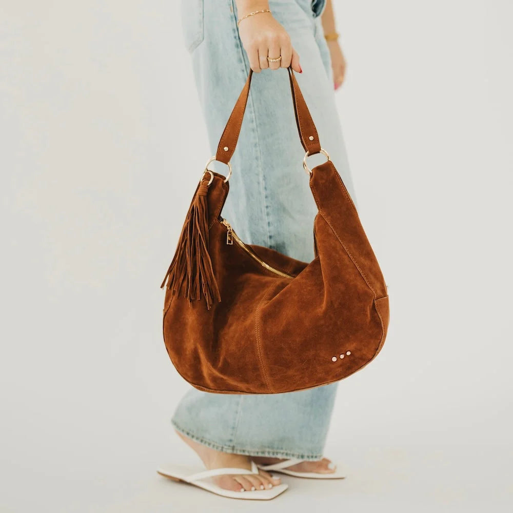 Pretty Simple Bags - Hazel Hobo Shoulder Bag with Tassel - Chocolate Suede - Findlay Rowe Designs