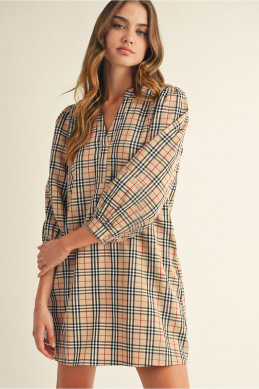 Dress - Mini - Taupe Red Plaid