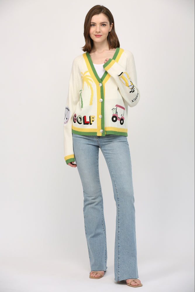 Cardigan - Golf Embroidered Patch - Cream - Findlay Rowe Designs