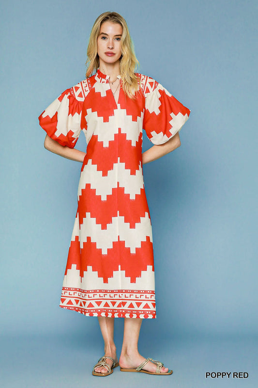 Umgee - Dress - Midi Geometric Print Puff Sleeve - Poppy
