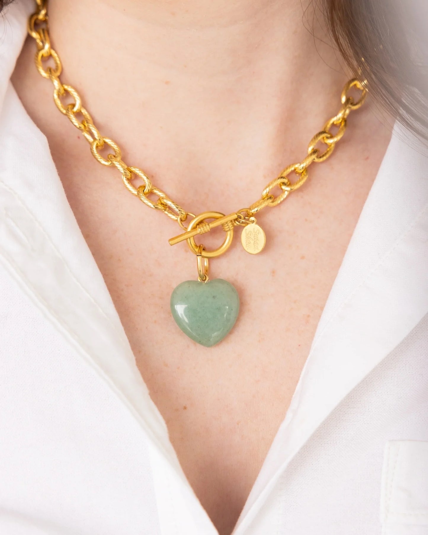 SUSAN SHAW - Stone Heart Toggle Necklace - GREEN JADE
