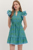 Entro - Dress - Mini Flutter V Neck - Green Blue - Findlay Rowe Designs