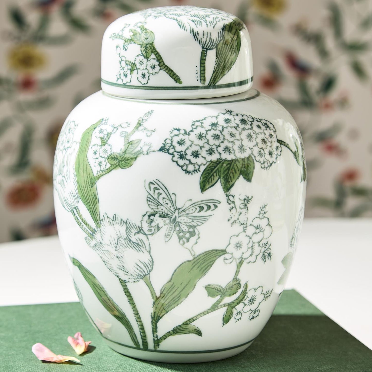 Ginger Jar with Lid - 7.5in Primrose and Lotus Chinoiserie - Green - Findlay Rowe Designs