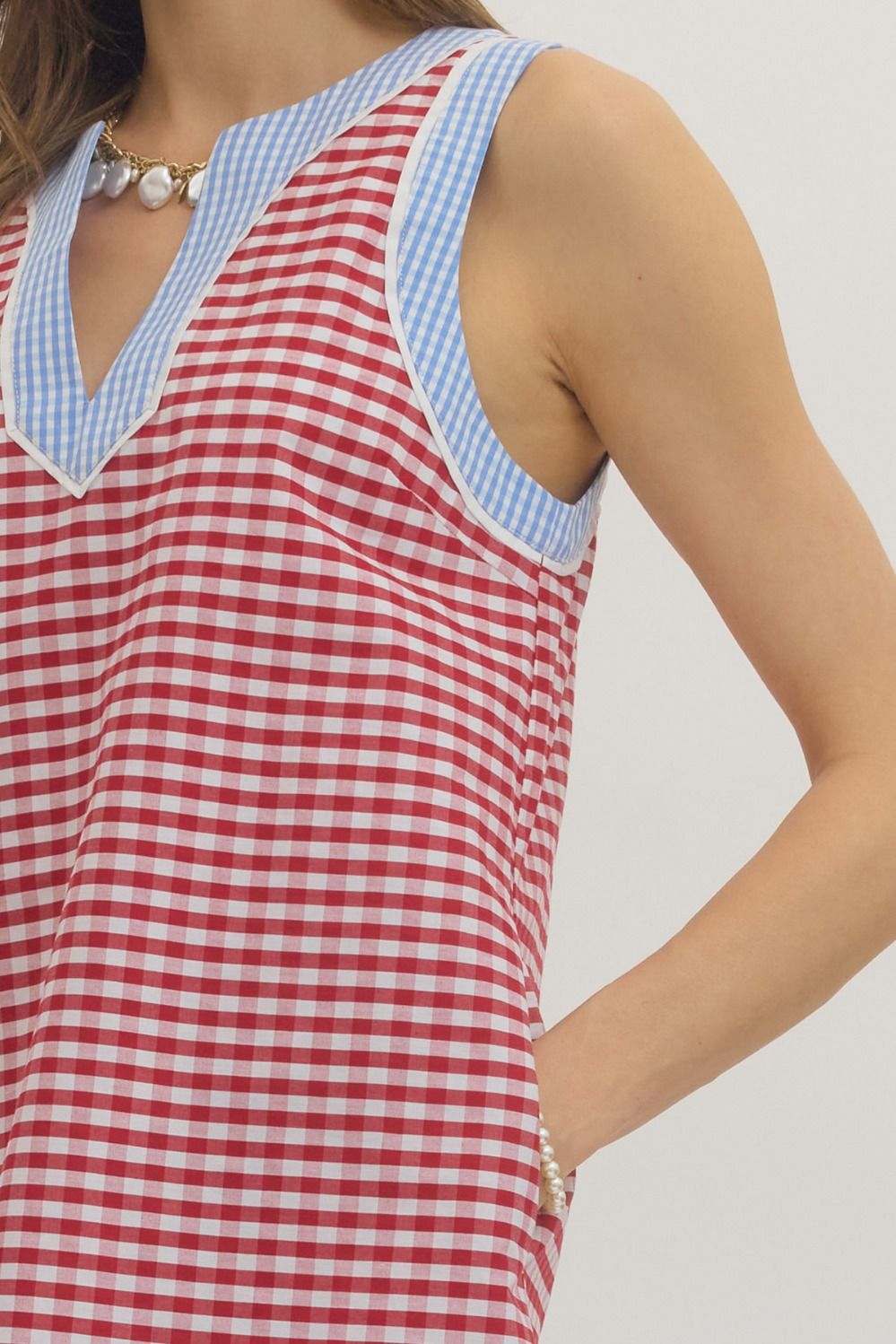Entro - Dress - Mini Sleeveless Gingham Split Neck - Red - Findlay Rowe Designs