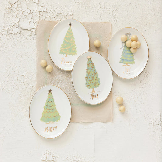 Stoneware Dish - Christmas Tree - Gold Trim