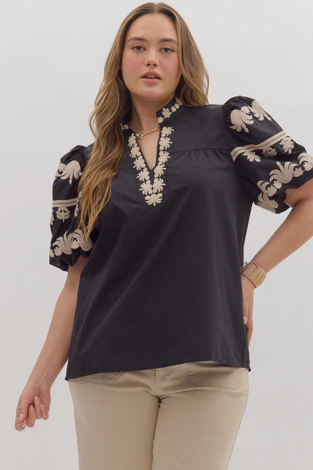 Clearance - Entro - Plus Size Top - V Neck Embroidered - Black
