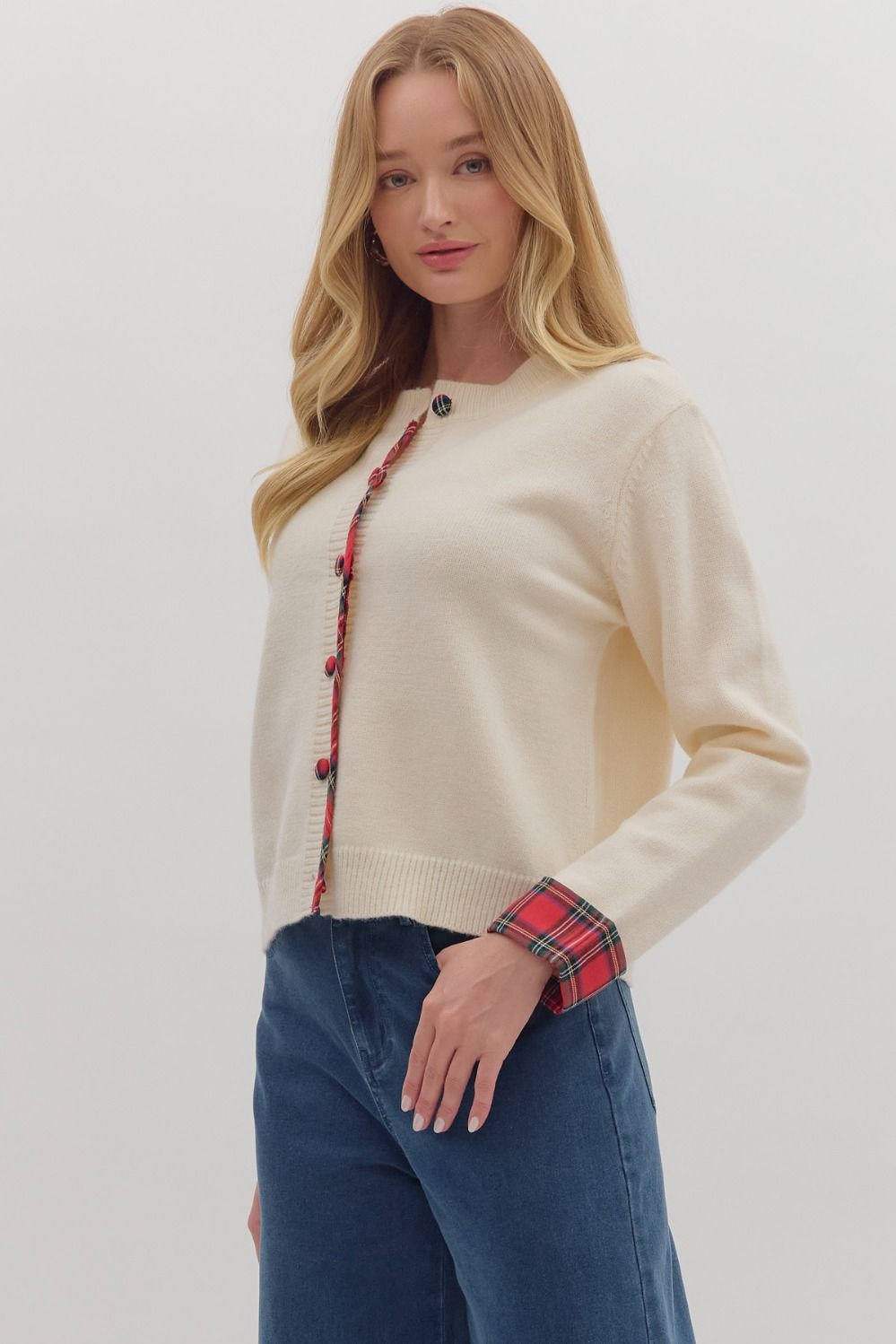 Entro - Cardigan - Plaid Trim - Ivory