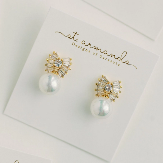 St. Armands -Gold Pearl Sparkler Statement Bow Earrings