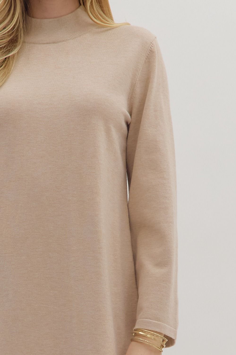 Entro - Dress - Mock Neck Long Sleeve Midi - Sand
