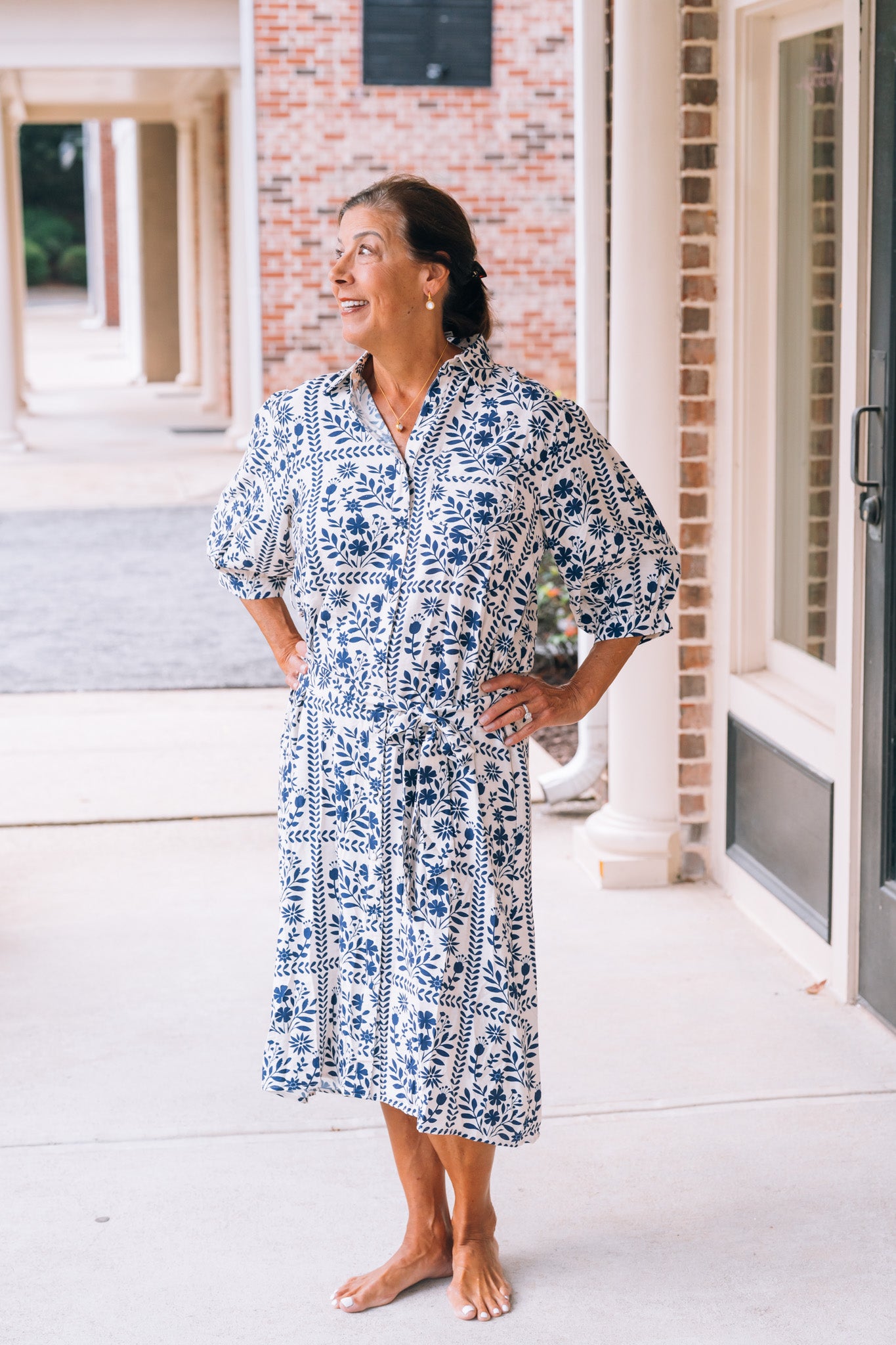 Umgee - Dress - Floral Print Button-Front Midi - Navy