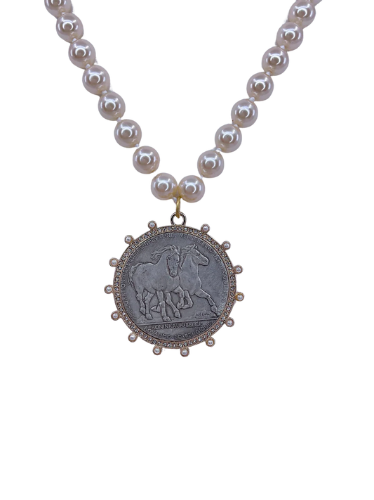 Erin Knight - Necklace -  Vintage Pearls with Sterling Horse Coin - Findlay Rowe Designs