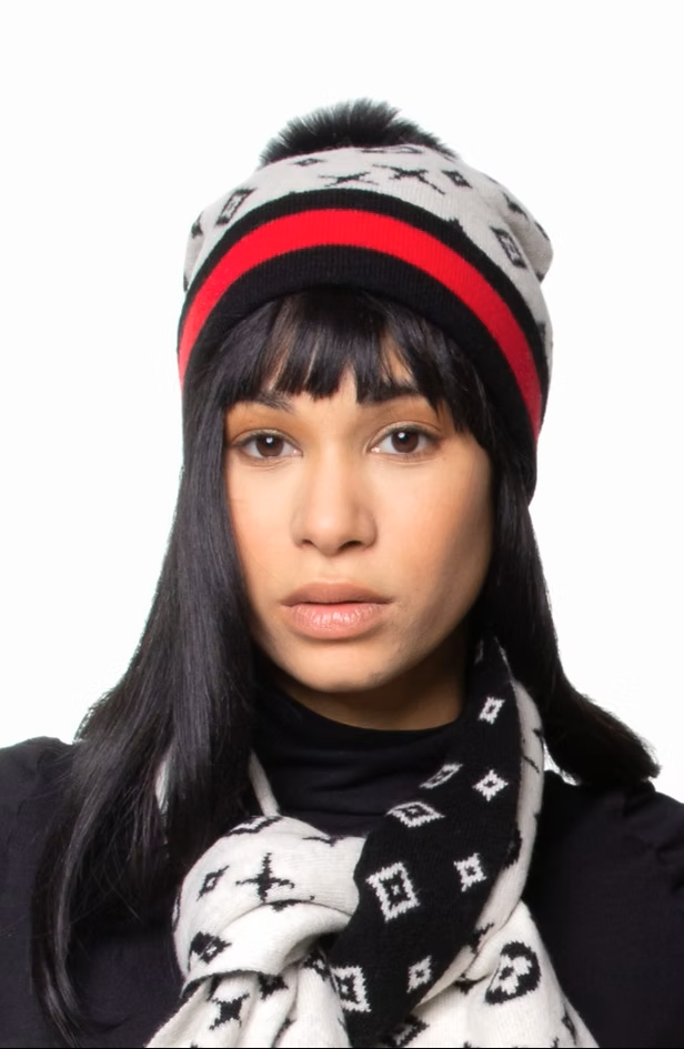 Beanie - Fox PomPom - Luxury Monogram Pattern