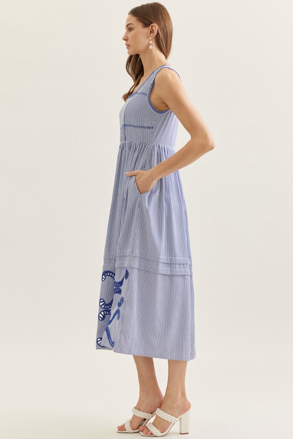 Entro - Dress - Midi Sleeveless Striped Cutout Embroidery - Navy - Findlay Rowe Designs