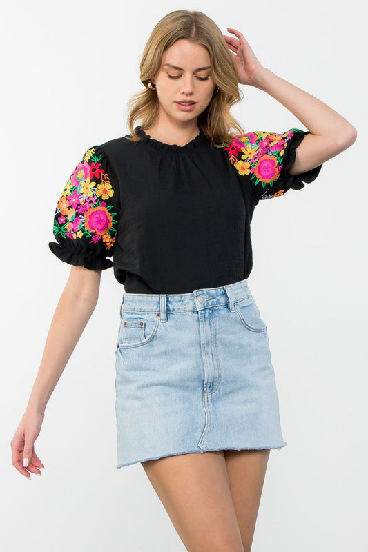 Black Embroidered Puff Sleeve Textured Top