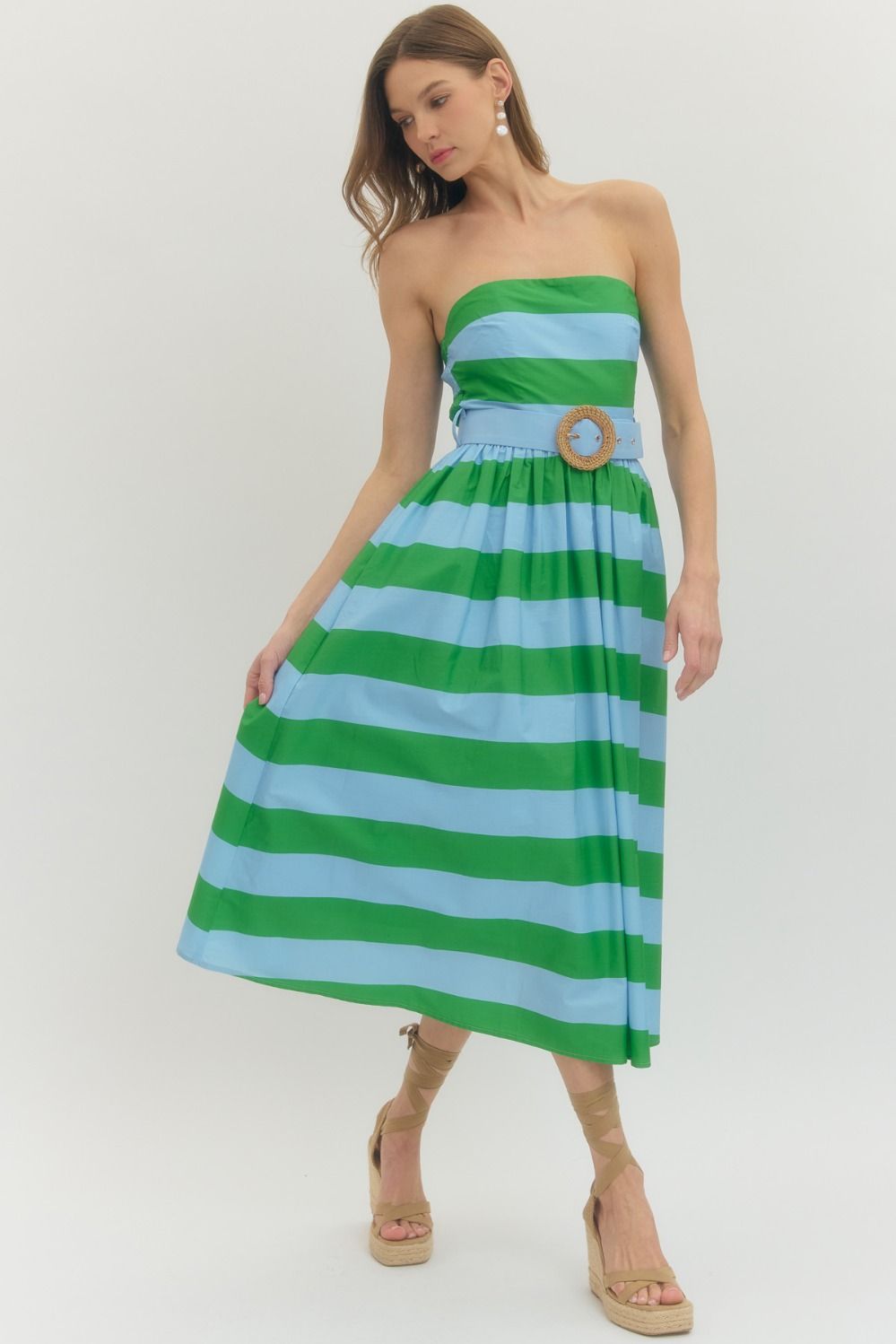 Entro - Dress - Strapless Midi - Green Blue Stripe - Findlay Rowe Designs