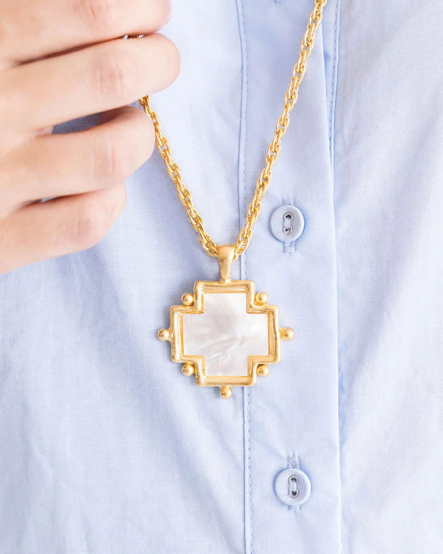 Susan Shaw - Necklace - Long Mother of Pearl Cross - Gold - Findlay Rowe Designs