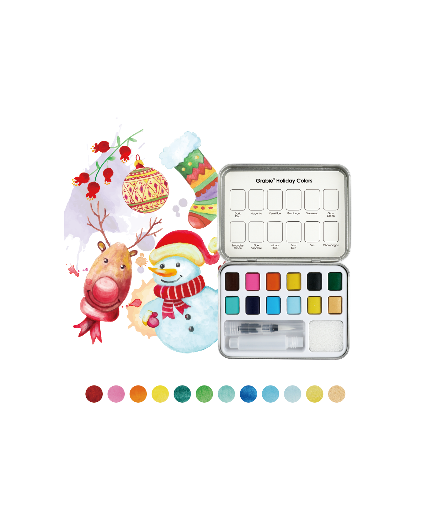 Grabie - Watercolor Pocket Set Of 12 With Brush - Holiday Colors - Findlay Rowe Designs