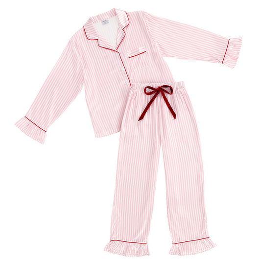 Pajama Set - Full-Length Ruffled - White Light Pink Stripes