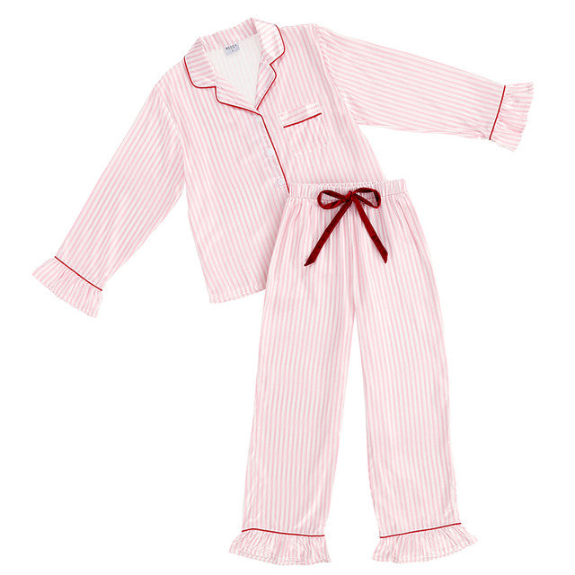 Pajama Set - Full-Length Ruffled - White Light Pink Stripes