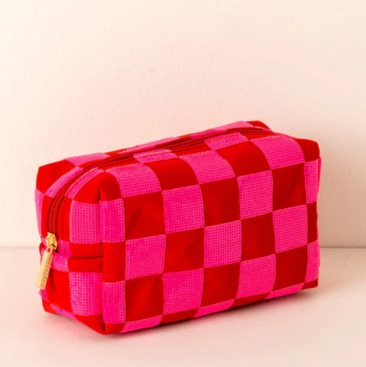 CARA CHECK PATTERN COSMETIC POUCH, RED