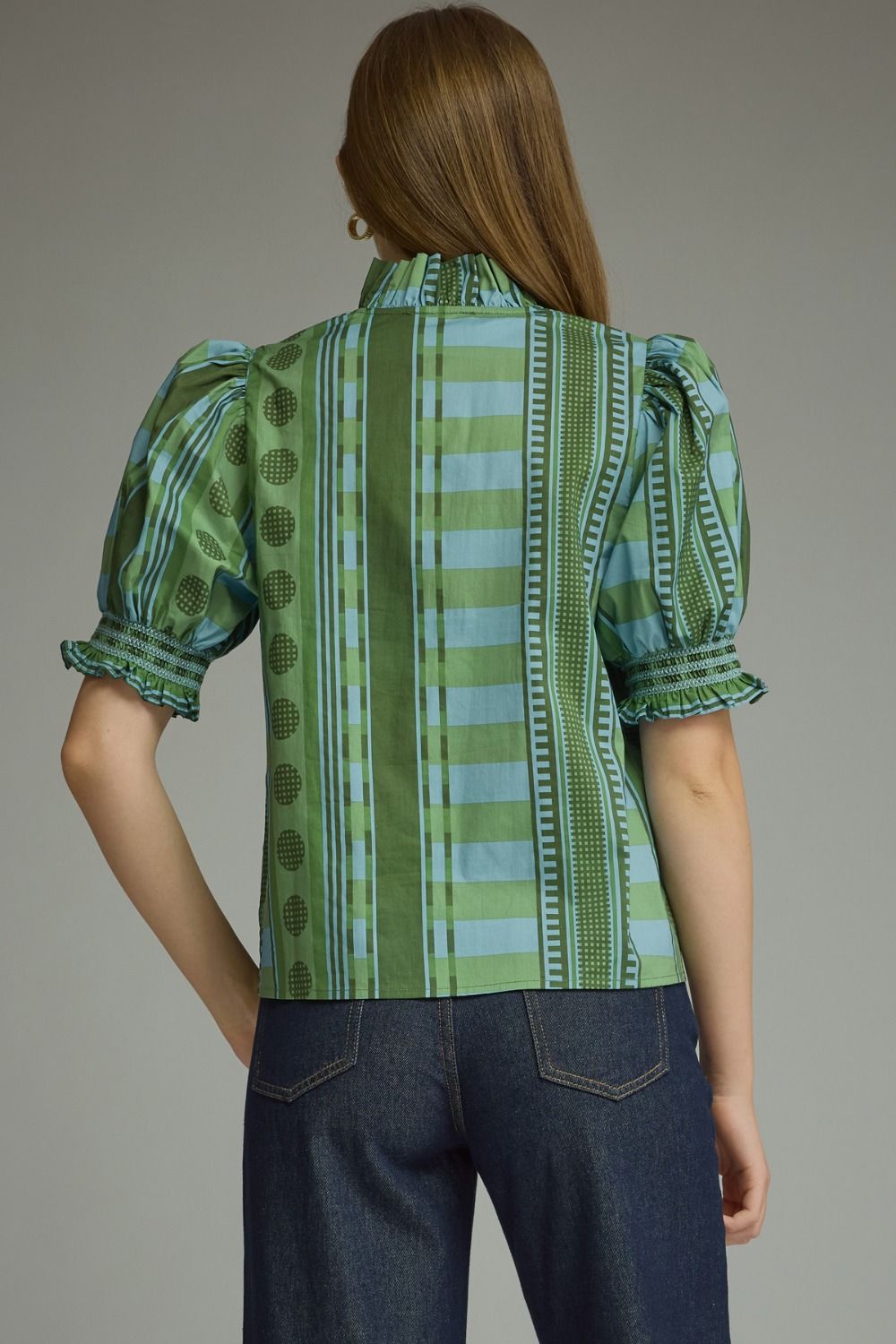 Entro - Top - Ruffle Neck Mixed Print - Olive - Findlay Rowe Designs