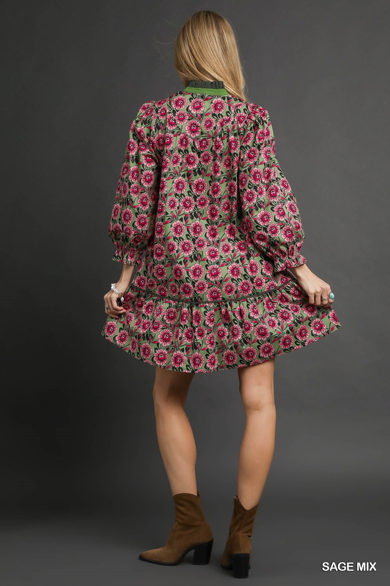 Umgee - Dress - Floral Print Tiered Mini - Sage Mix