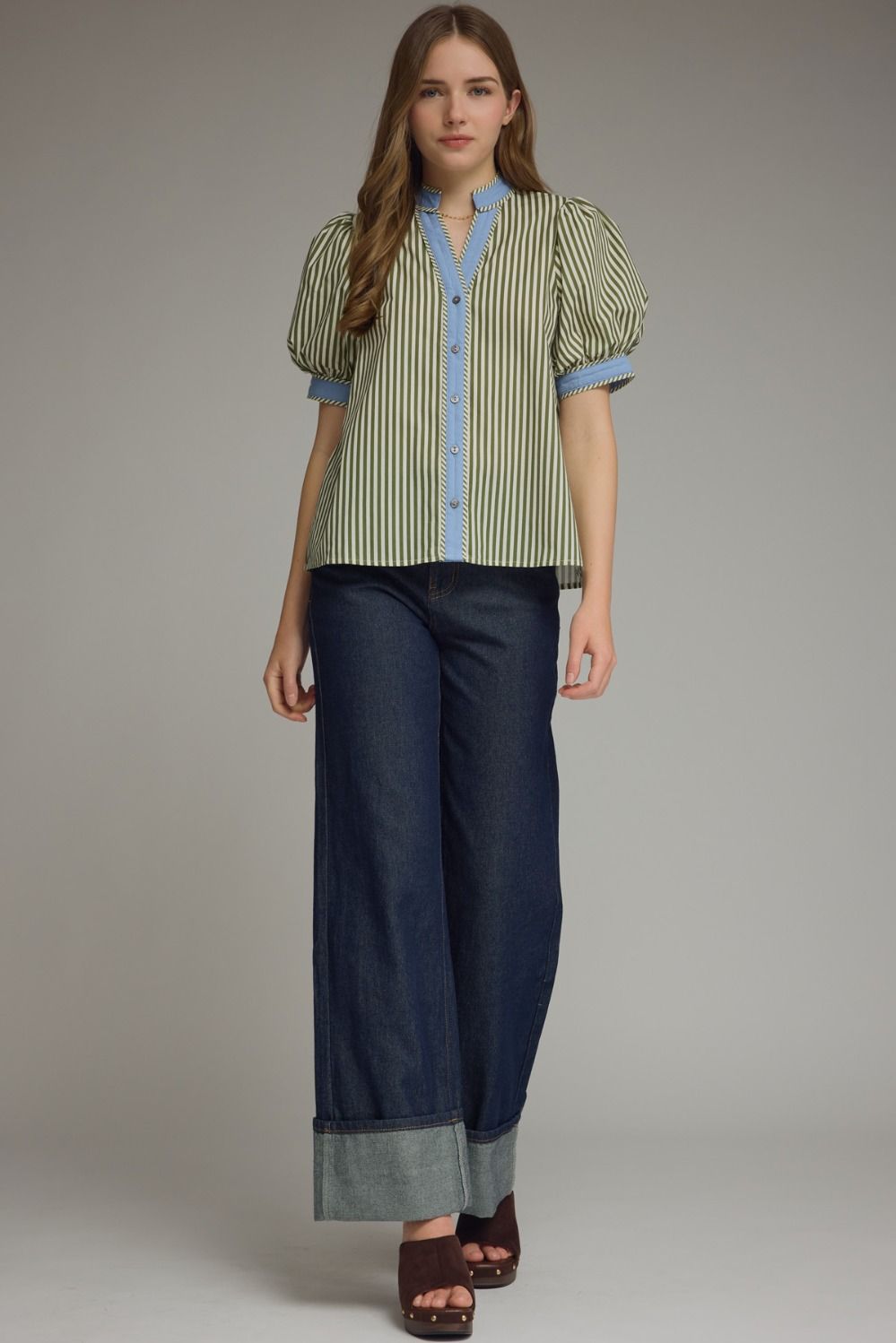 Entro - Top - V-Neck Puff Contrast Binding - Olive - Findlay Rowe Designs
