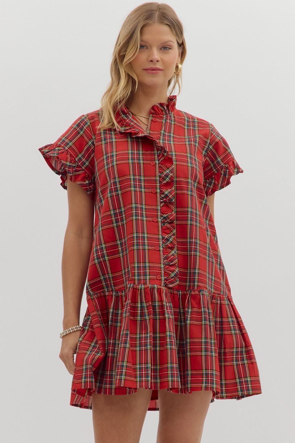 Dress - Plaid Ruffle Mini - Red