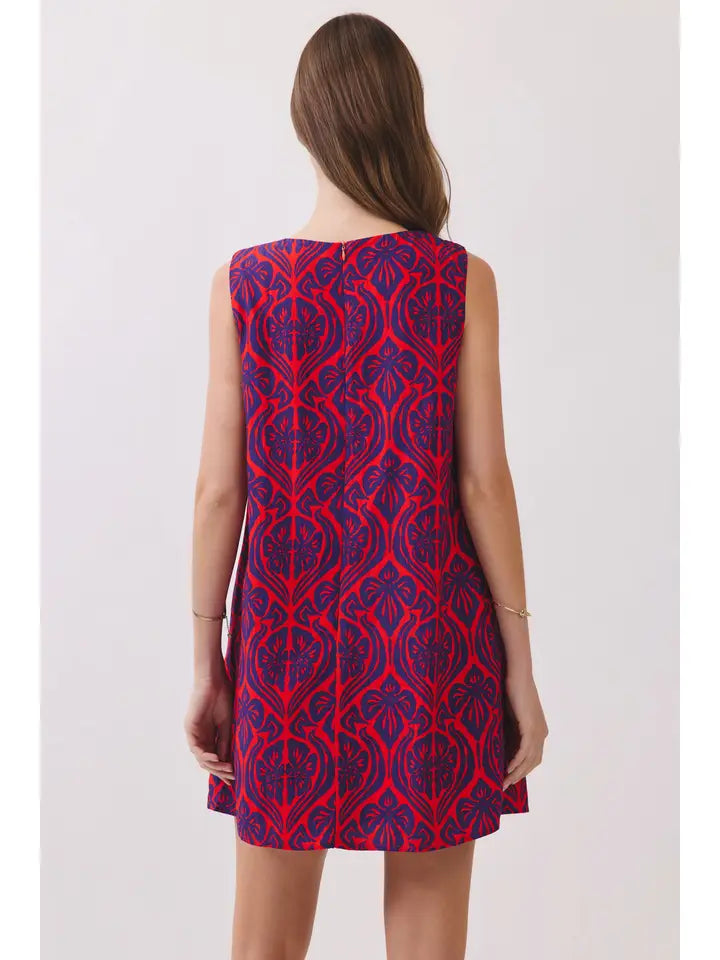 Dress - Mini - Sleeveless Damask - Red Blue - Findlay Rowe Designs