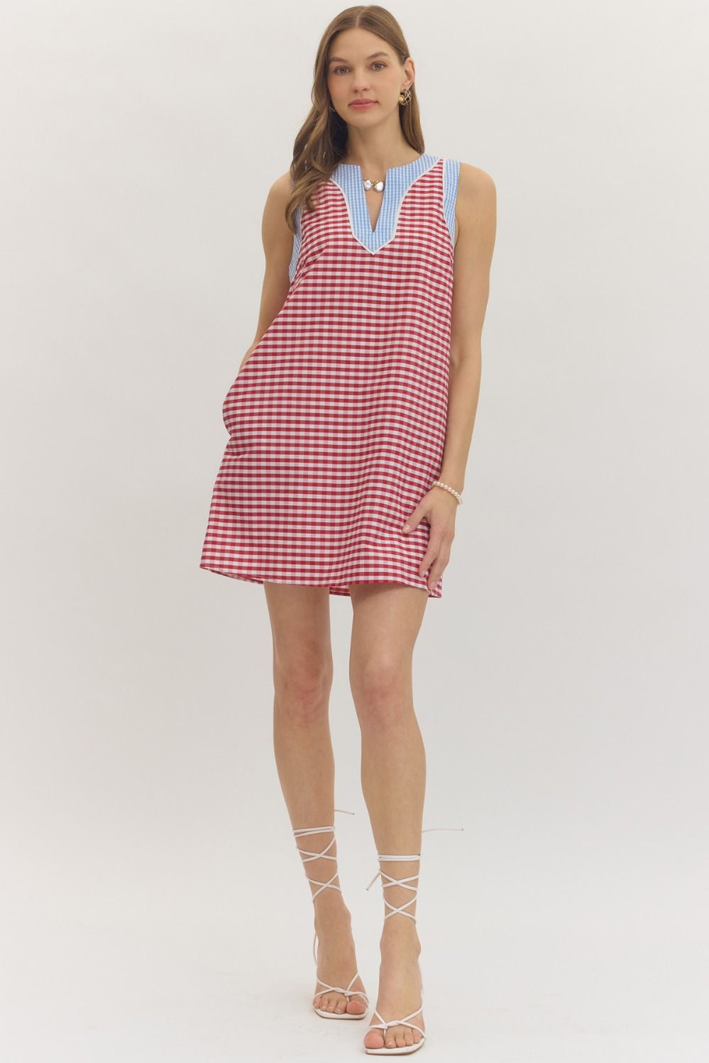 Entro - Dress - Mini Sleeveless Gingham Split Neck - Red - Findlay Rowe Designs