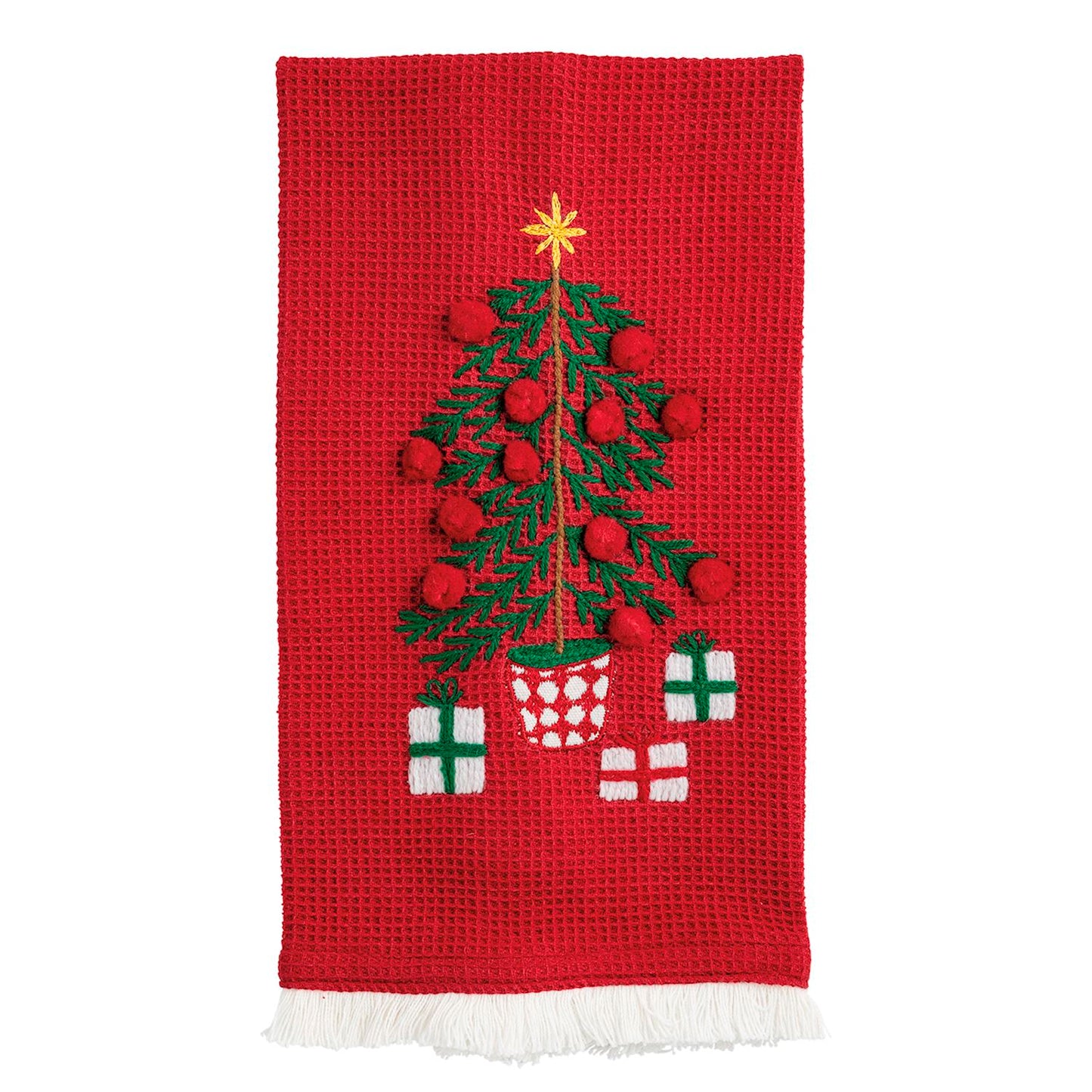 Mud Pie - Tea Towel - Waffle Weave - Embroidered - Christmas Fringe - Findlay Rowe Designs