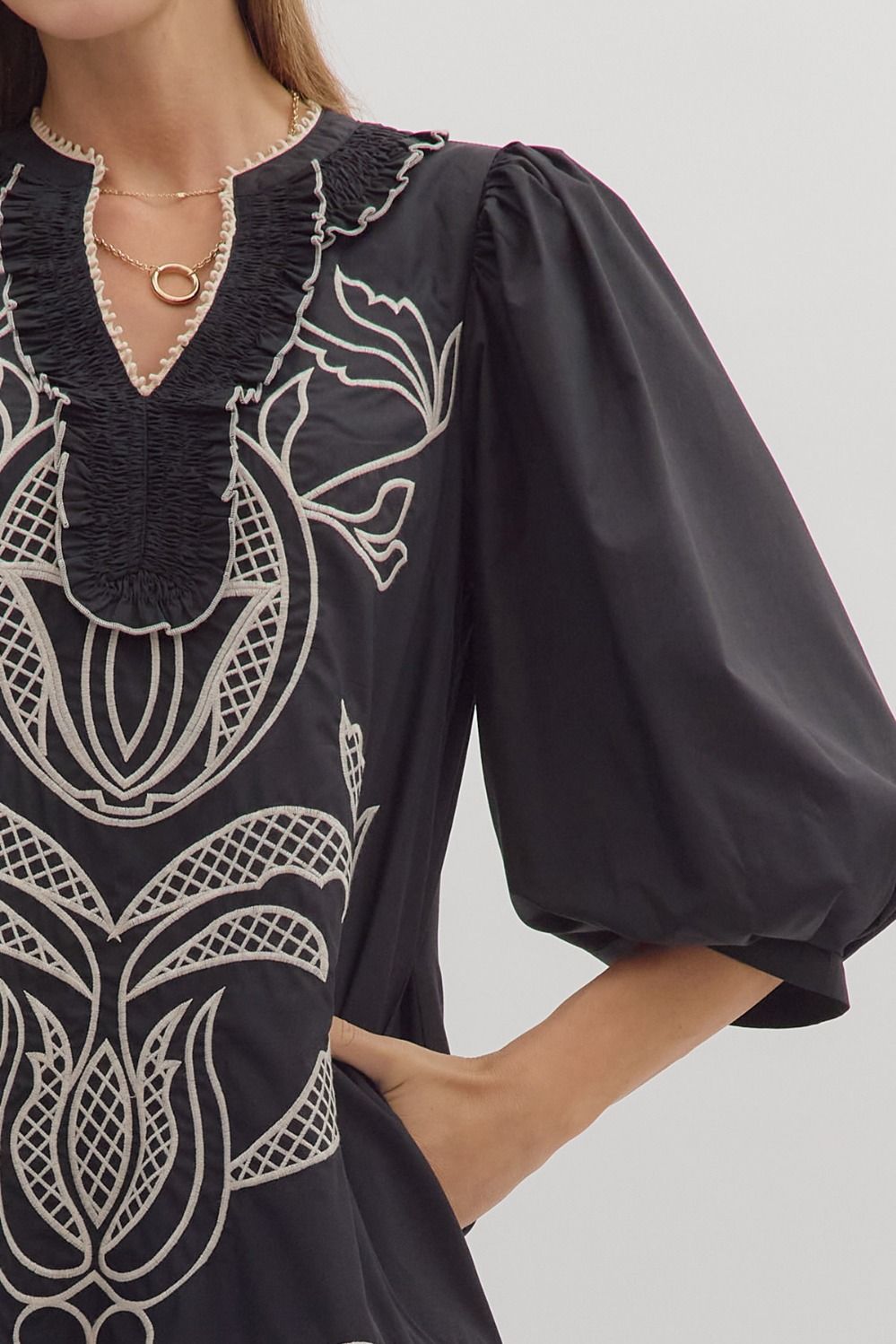 Entro - Dress - Embroidered Mini - Black