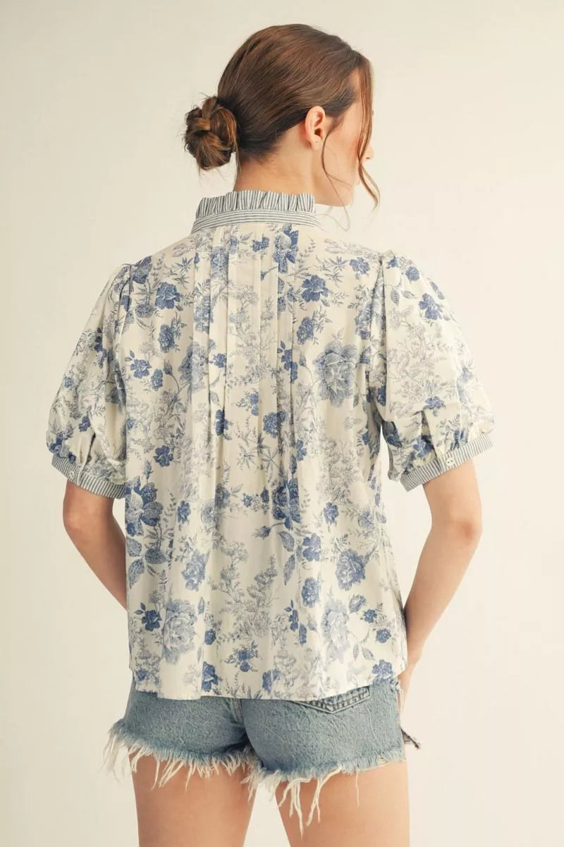 Jodifil - Top - Puff Sleeve Henley - Blue Print - Findlay Rowe Designs