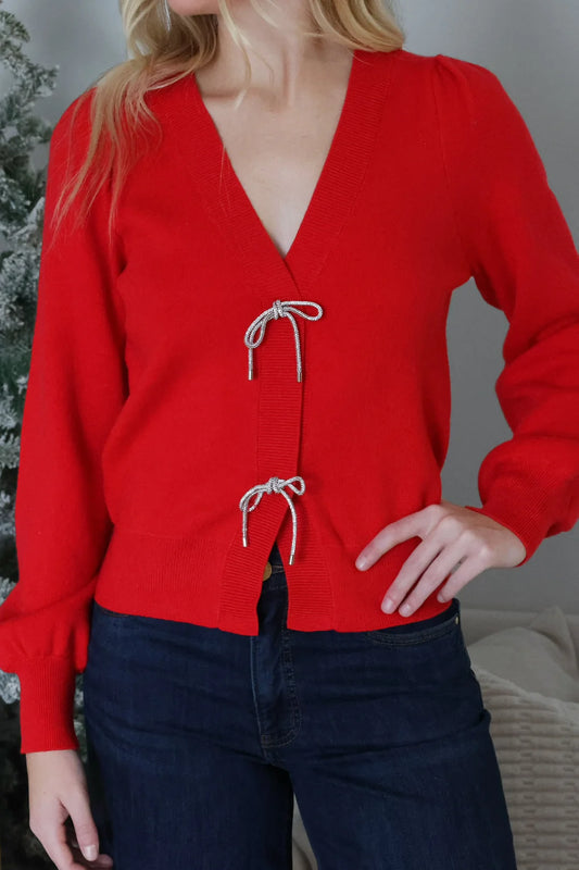 Sweater - Cardigan V Neck - Metallic Bows - Red