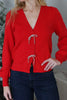 Sweater - Cardigan V Neck - Metallic Bows - Red