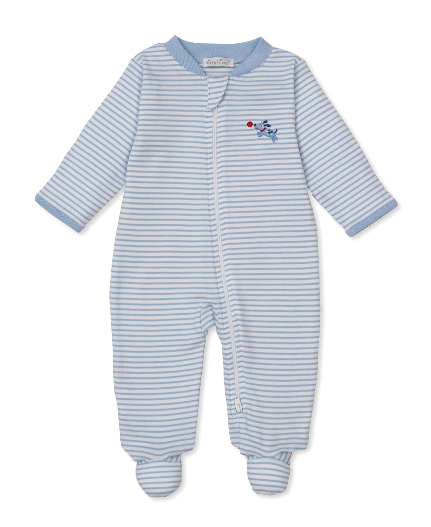 Kissy Kissy - Zip Footie - Puppy Patch - Striped Blue - Findlay Rowe Designs