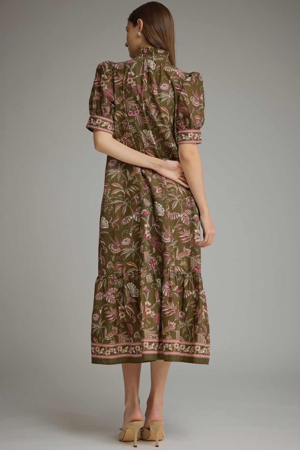 Entro - Dress - Midi Puff Sleeve High Neck - Olive - Findlay Rowe Designs