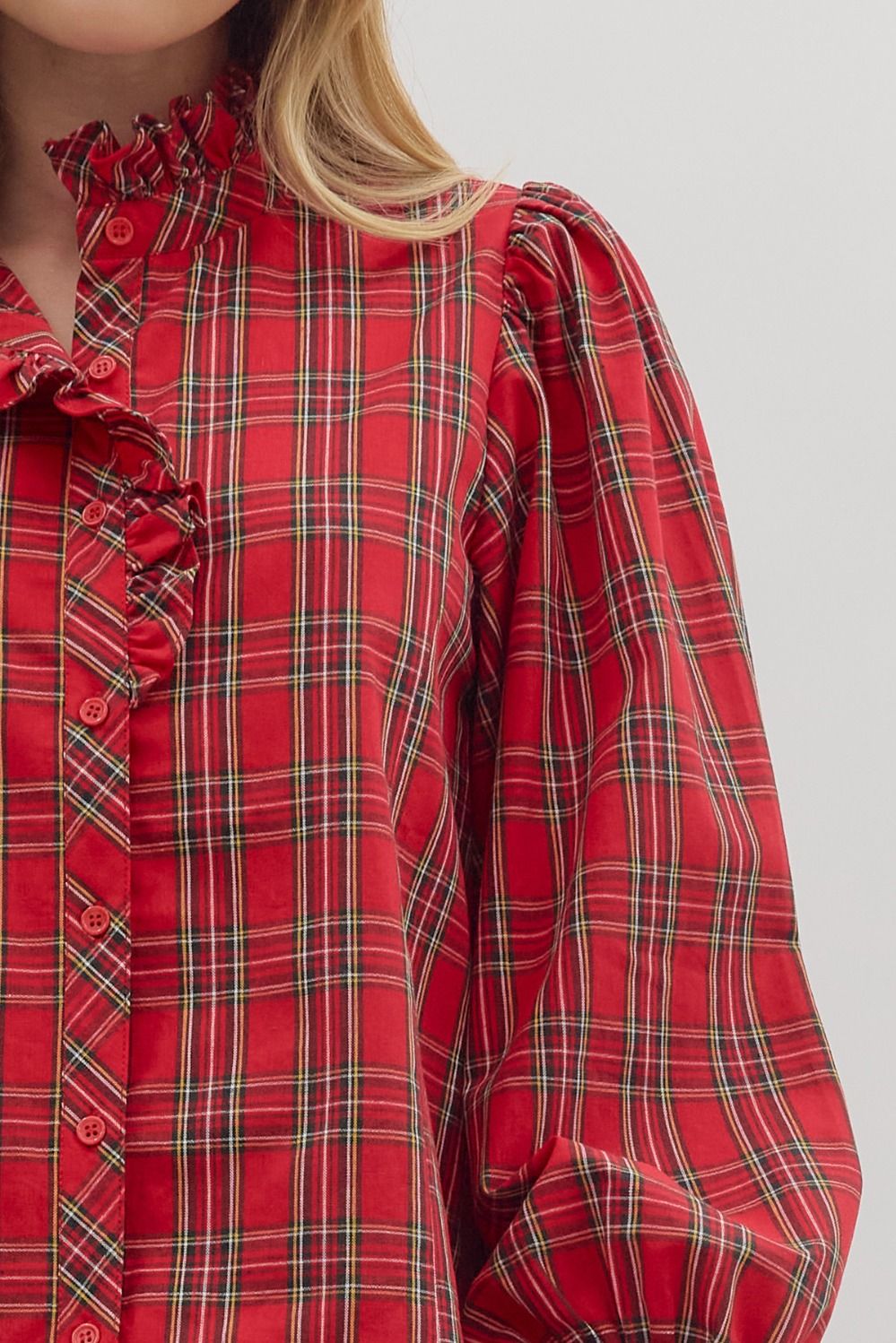 Top - Long Sleeve Plaid Ruffle - Red