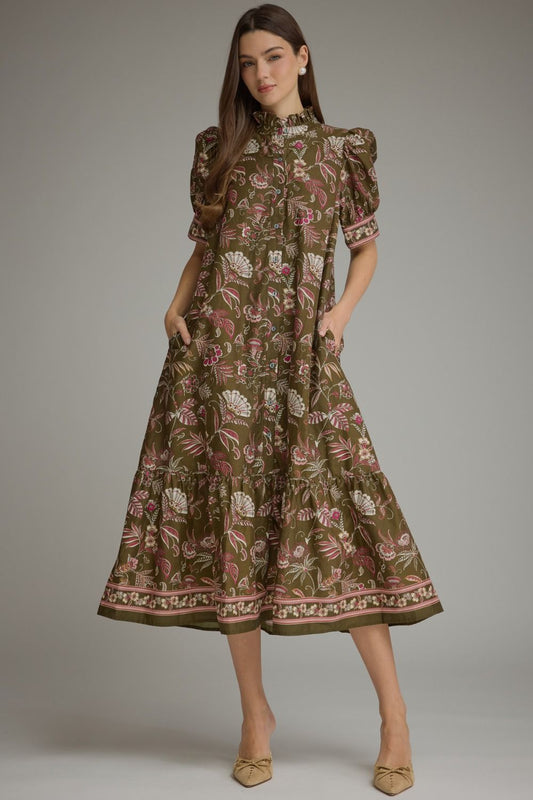 Entro - Dress - Midi Puff Sleeve High Neck - Olive - Findlay Rowe Designs
