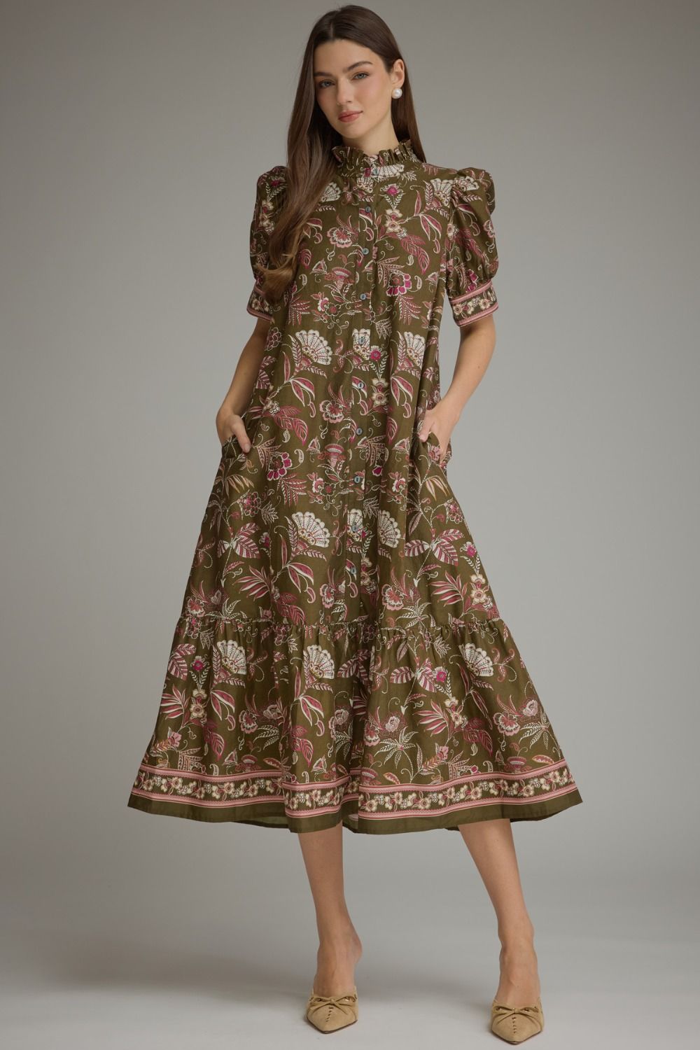 Entro - Dress - Midi Puff Sleeve High Neck - Olive - Findlay Rowe Designs
