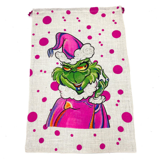 Santa Sack - Pink With Green Grinch - Jute - Findlay Rowe Designs