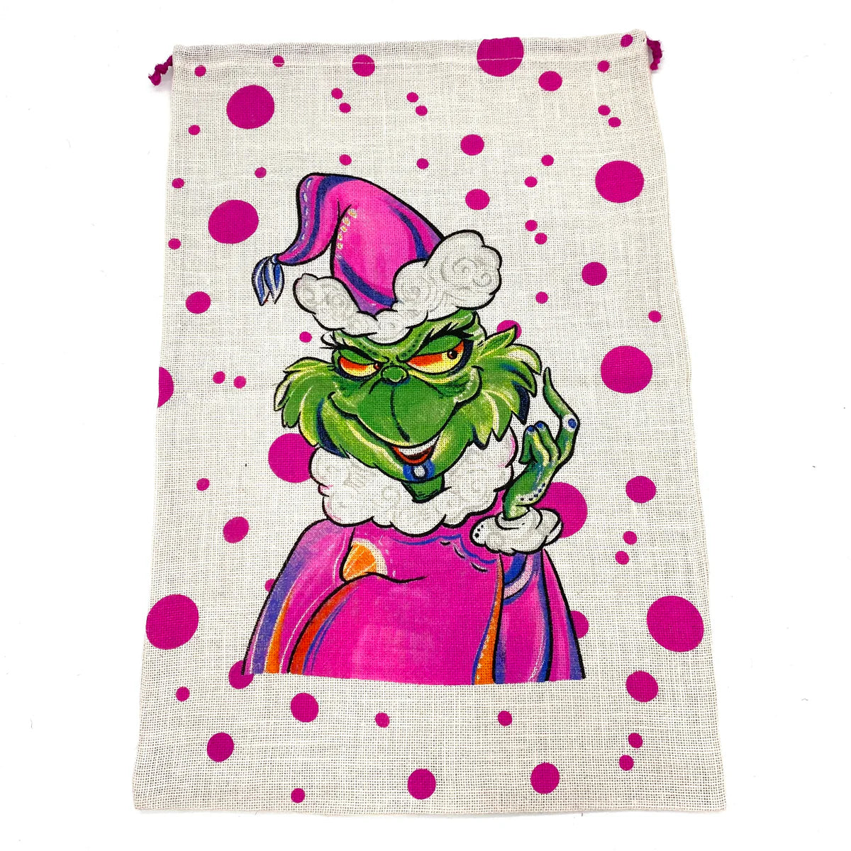 Santa Sack - Pink With Green Grinch - Jute - Findlay Rowe Designs