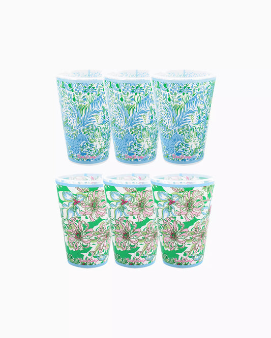 Lilly Pulitzer 14oz Cups- Set of 6- Featuring the vibrant Lilly patterns Blossom Views and Hydra Blue Dandy Lyons