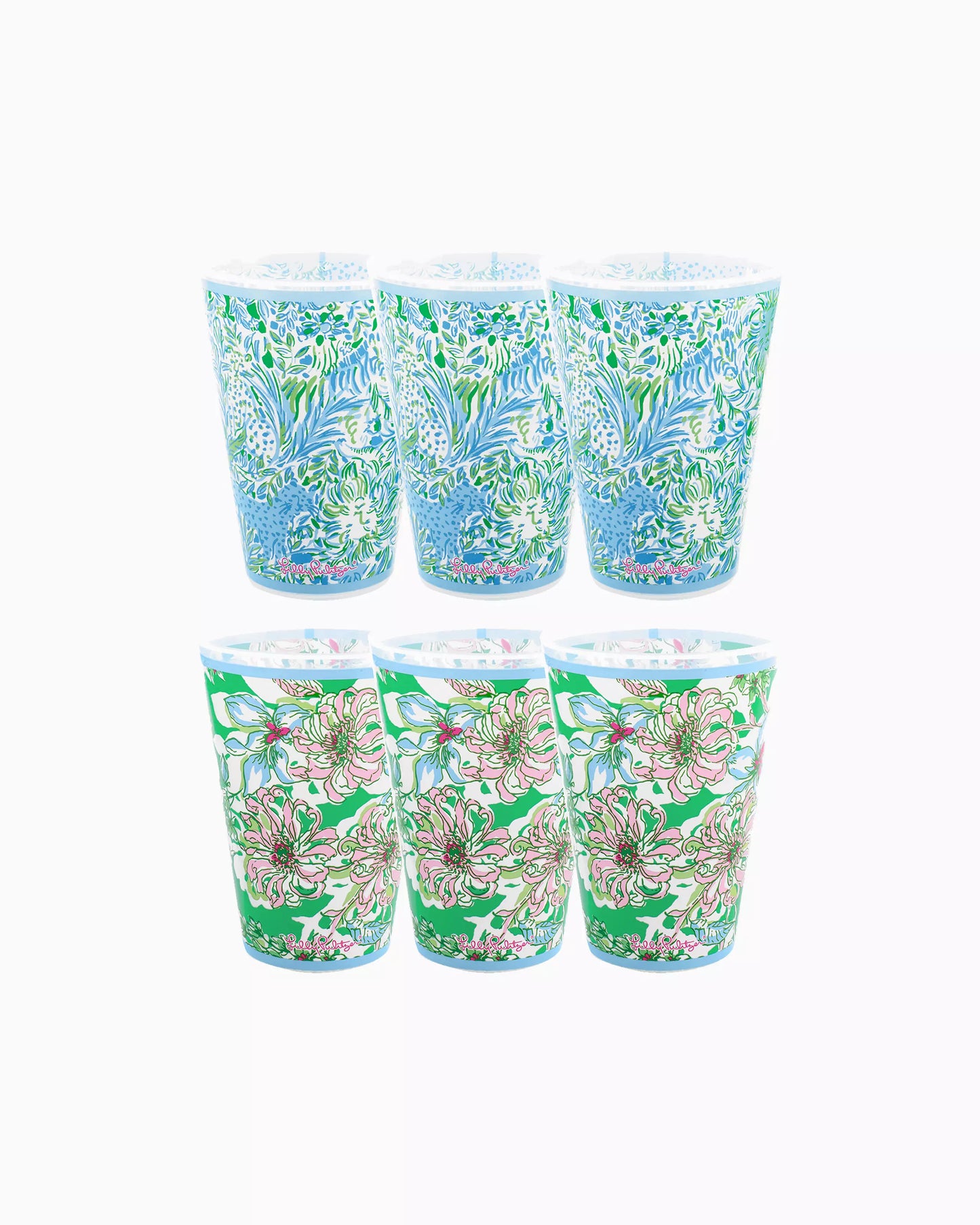 Lilly Pulitzer 14oz Cups- Set of 6- Featuring the vibrant Lilly patterns Blossom Views and Hydra Blue Dandy Lyons - Findlay Rowe Designs