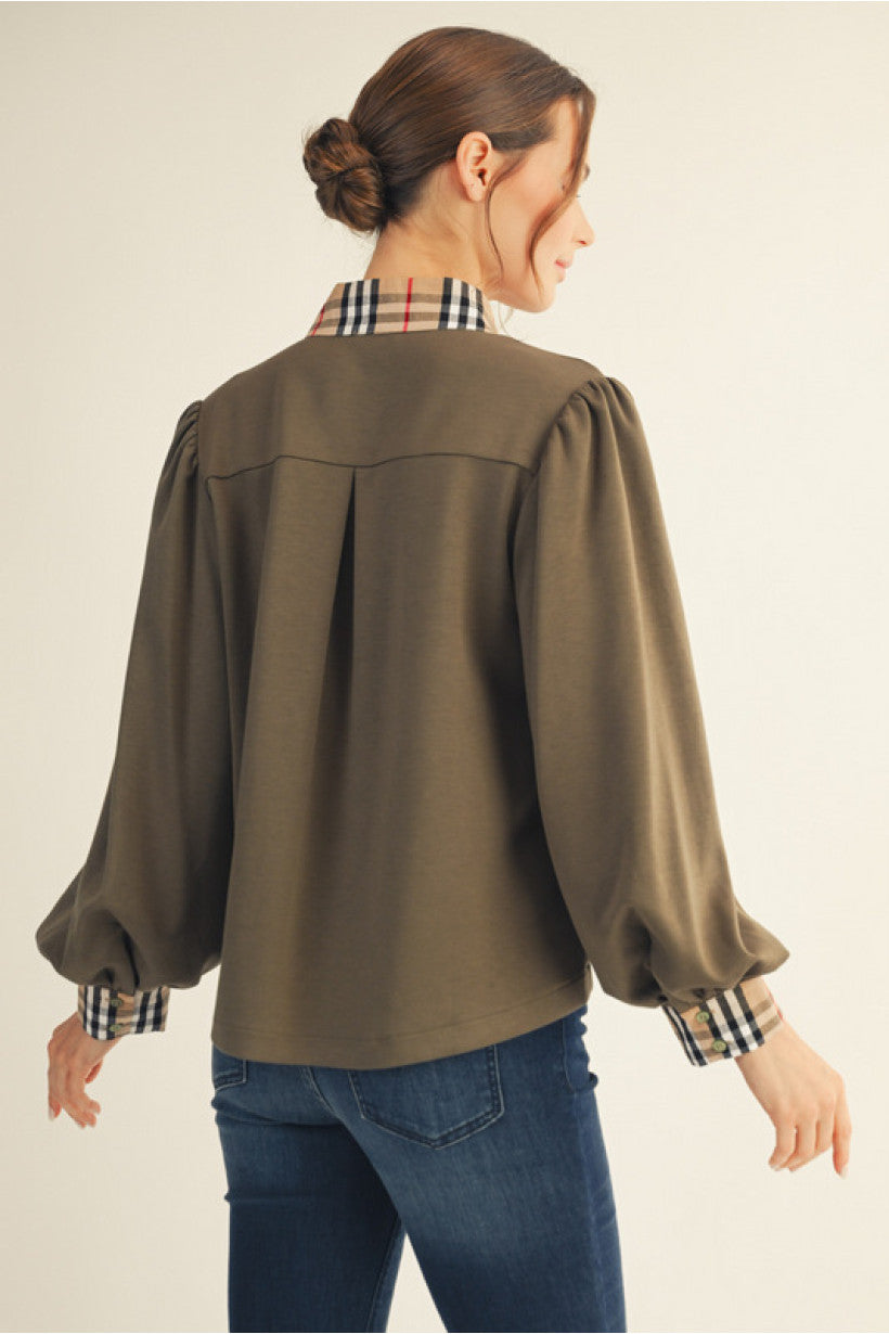 Top - Long Cuff Sleeve - Plaid Contrast