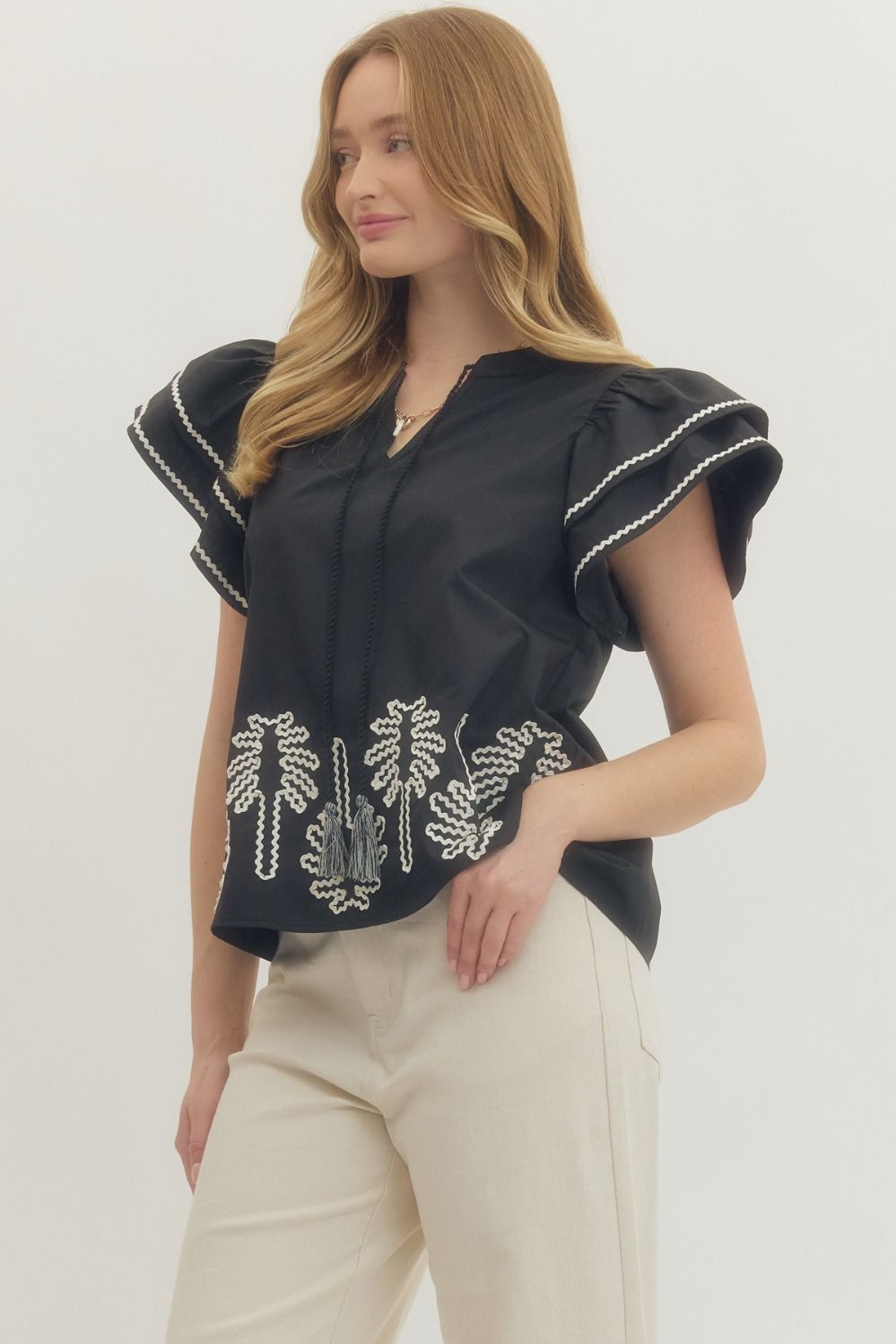 Entro - Top - Flutter Sleeve - Black Embroidered - Findlay Rowe Designs